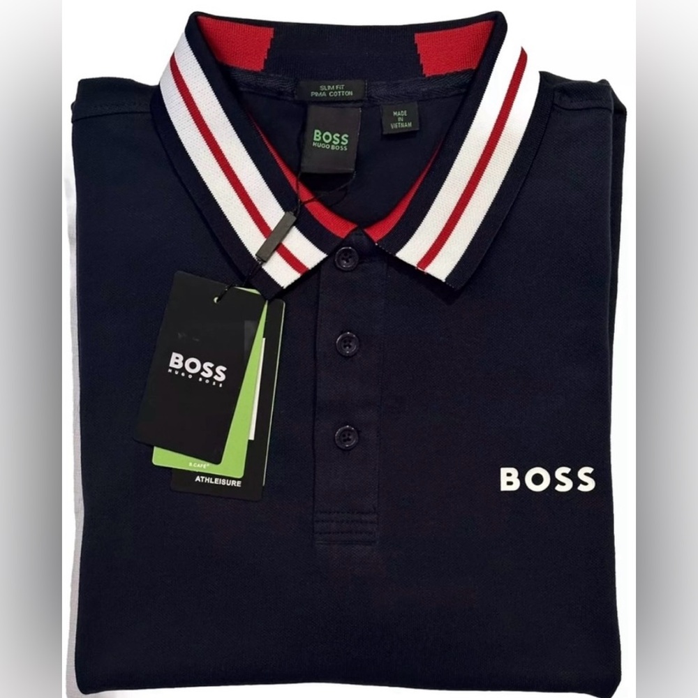 NWT HUGO BOSS POLO SHIRT XL SLIM FIT 3 BUTTON PIMA COTTON NAVY WHITE RED
